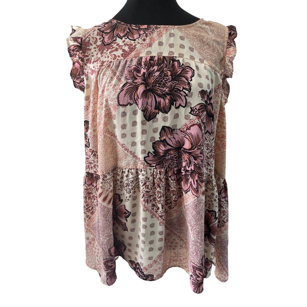 Maurices Pink Floral Paisley Patchwork Ruffle Babydoll Sleeveless Blouse Size 1‎